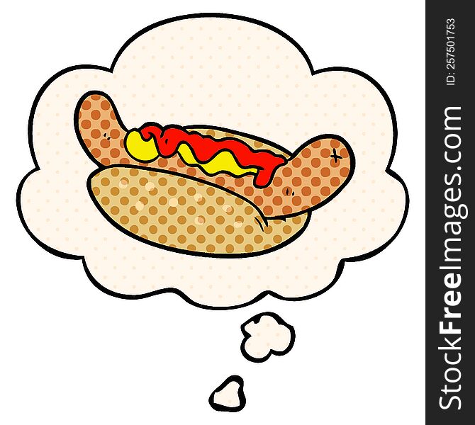 cartoon hot dog with thought bubble in comic book style