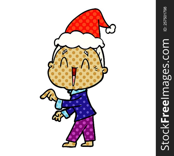hand drawn comic book style illustration of a happy old lady wearing santa hat