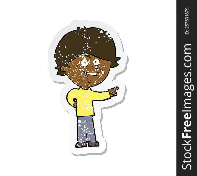 retro distressed sticker of a cartoon boy laughing and pointing
