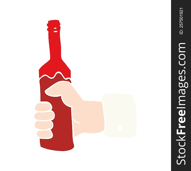 flat color illustration of a cartoon hand holding bottle of wine