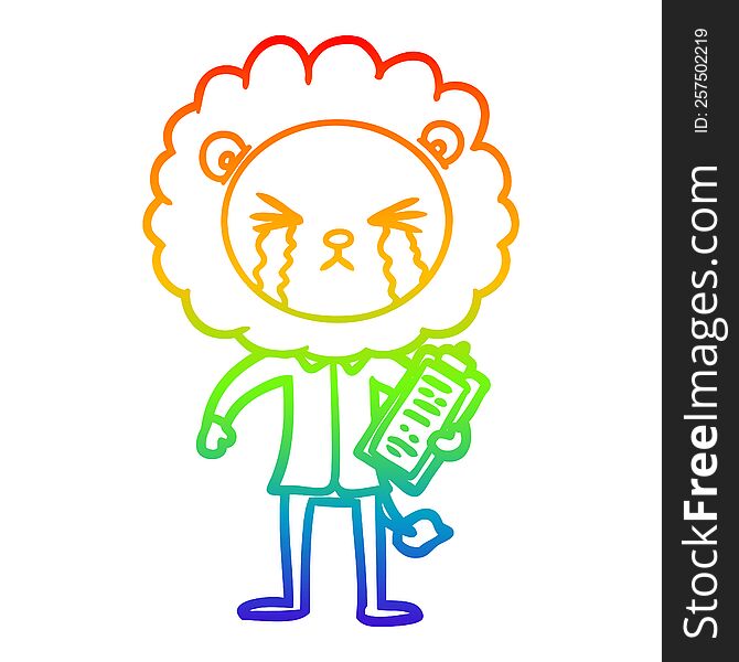 rainbow gradient line drawing of a cartoon crying lion with clipboard