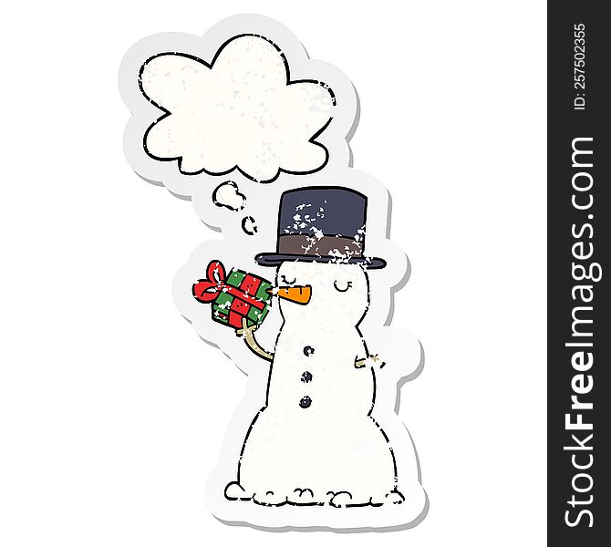 Cartoon Snowman And Thought Bubble As A Distressed Worn Sticker