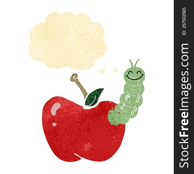 cartoon bug eating apple with thought bubble