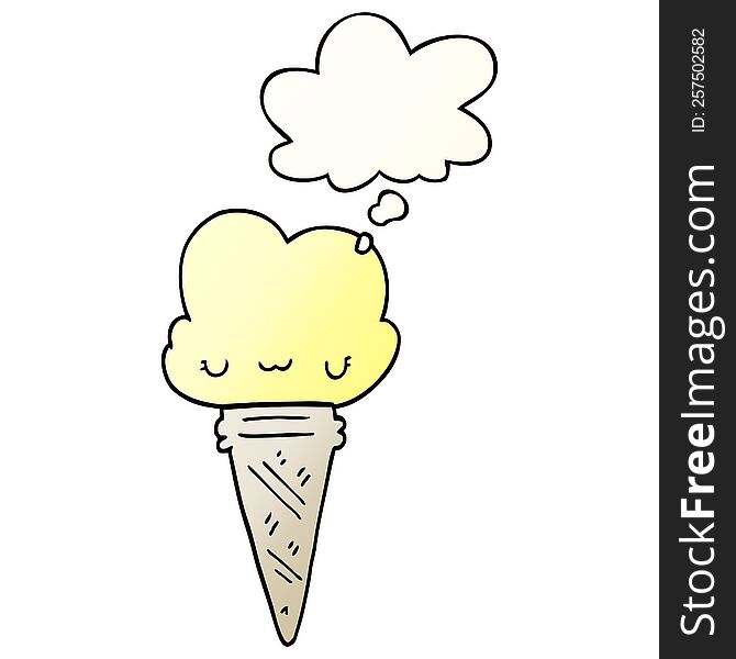 Cartoon Ice Cream With Face And Thought Bubble In Smooth Gradient Style