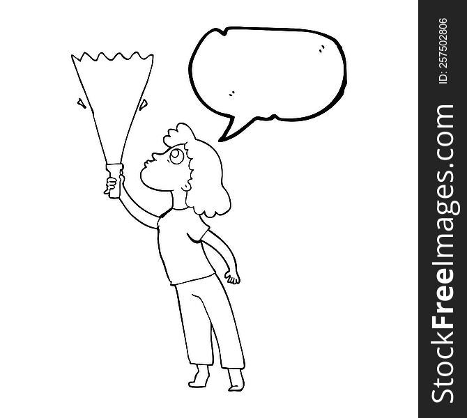 freehand drawn speech bubble cartoon woman searching with torch