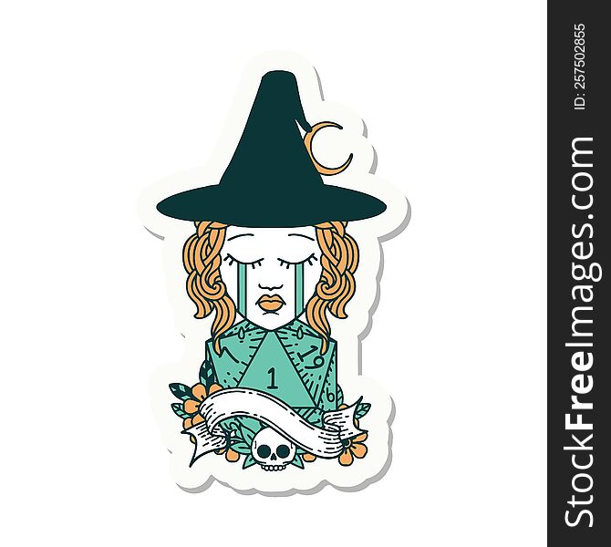 sticker of a crying human witch with natural D20 roll. sticker of a crying human witch with natural D20 roll