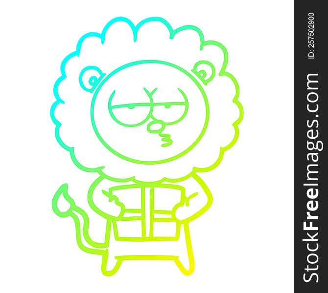 cold gradient line drawing of a cartoon bored lion with present
