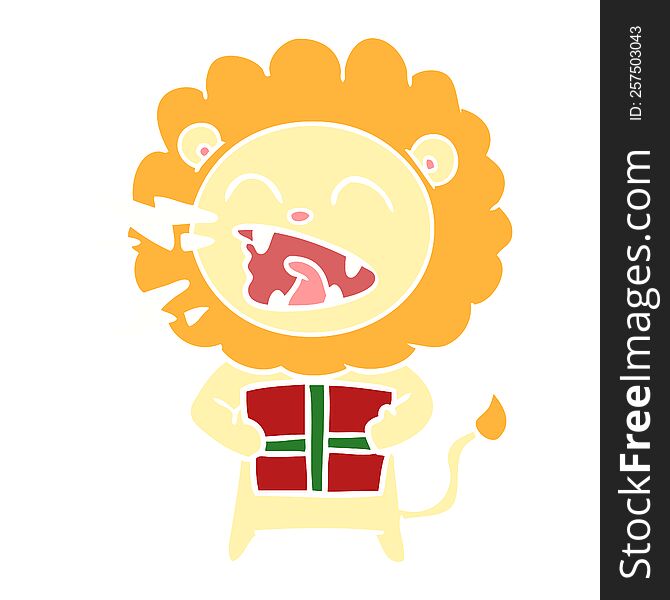 flat color style cartoon roaring lion with gift