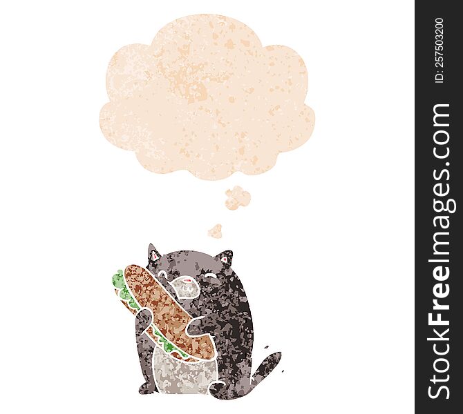 cartoon cat with sandwich with thought bubble in grunge distressed retro textured style. cartoon cat with sandwich with thought bubble in grunge distressed retro textured style