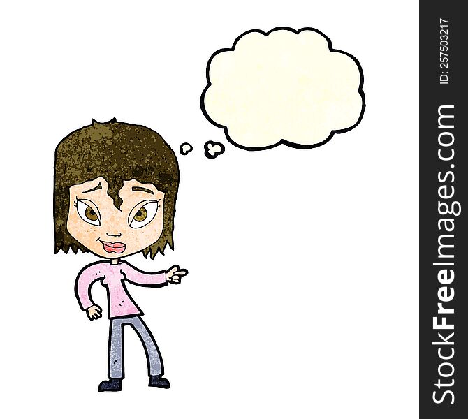 Cartoon Relaxed Woman Pointing With Thought Bubble