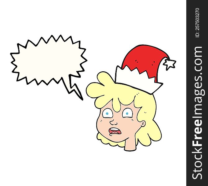 freehand drawn speech bubble cartoon stressed woman wearing santa hat. freehand drawn speech bubble cartoon stressed woman wearing santa hat