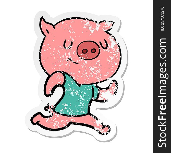 distressed sticker of a happy cartoon pig running