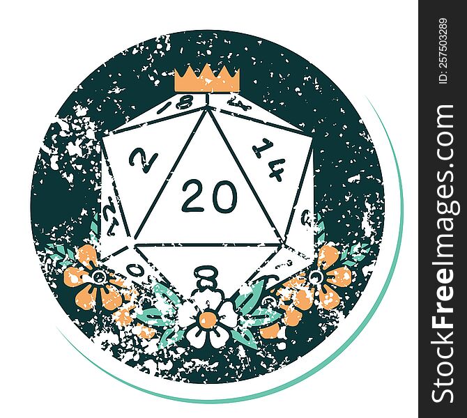 iconic distressed sticker tattoo style image of a d20. iconic distressed sticker tattoo style image of a d20