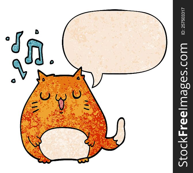 Cartoon Cat Singing And Speech Bubble In Retro Texture Style