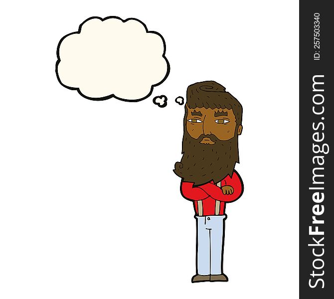 cartoon serious man with beard with thought bubble