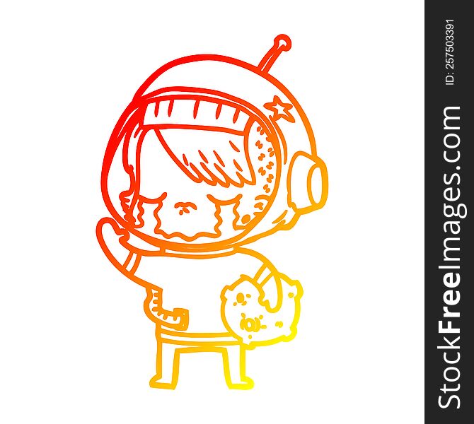 warm gradient line drawing of a cartoon crying astronaut girl carrying rock sample