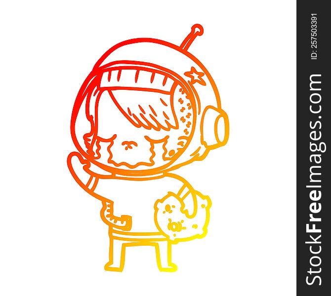 warm gradient line drawing cartoon crying astronaut girl carrying rock sample