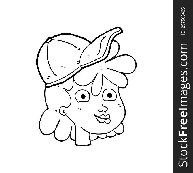 freehand drawn black and white cartoon woman wearing cap. freehand drawn black and white cartoon woman wearing cap