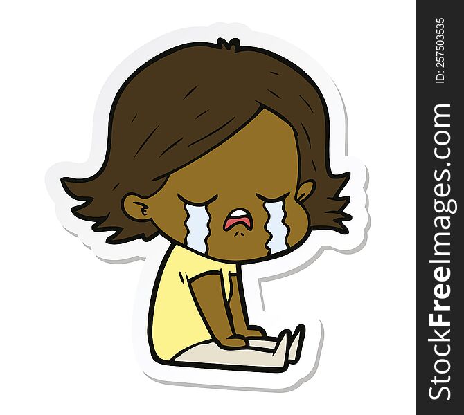 sticker of a cartoon girl crying sat on floor