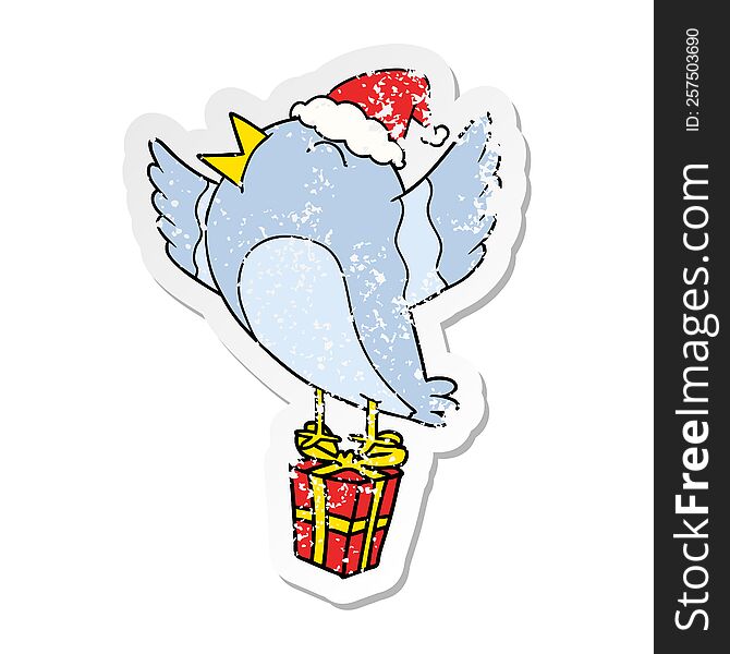 Distressed Sticker Cartoon Of A Bird Wearing Santa Hat