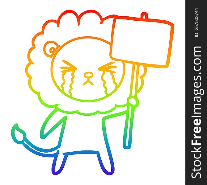 rainbow gradient line drawing of a cartoon crying lion with placard