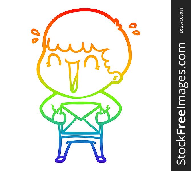 rainbow gradient line drawing of a laughing cartoon man with letter