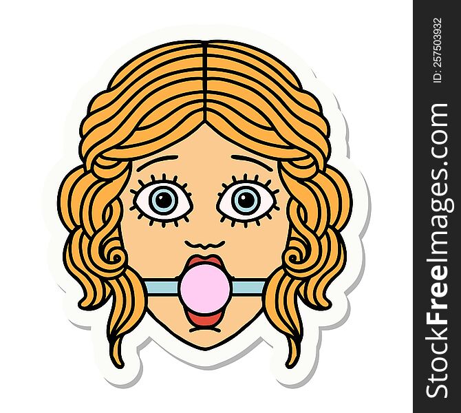 tattoo style sticker of female face with ball gag