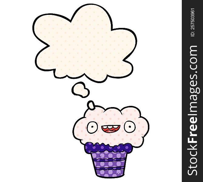 cartoon cupcake with thought bubble in comic book style