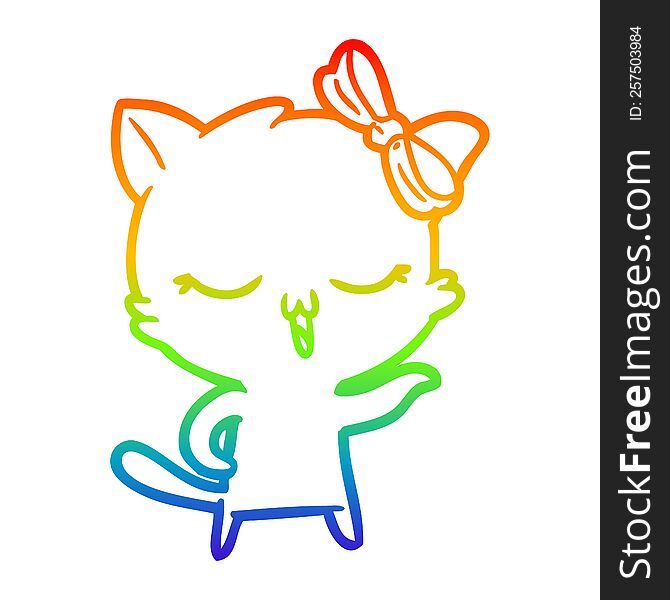 rainbow gradient line drawing of a cartoon cat with bow on head