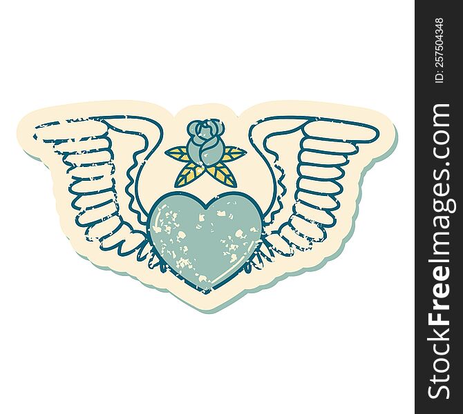 Distressed Sticker Tattoo Style Icon Of A Heart With Wings