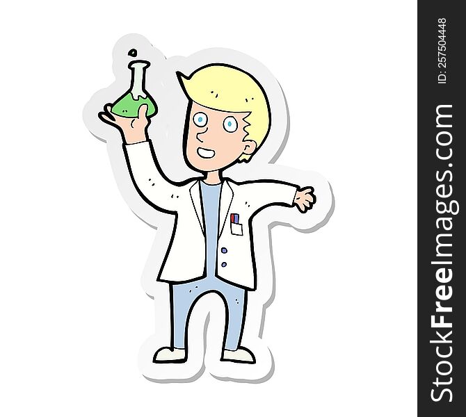 sticker of a cartoon happy scientist