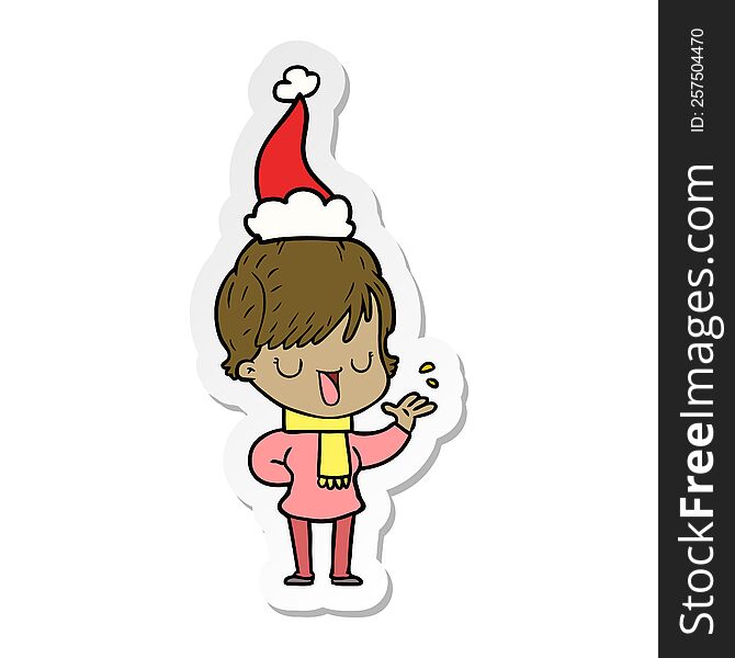 hand drawn sticker cartoon of a woman talking wearing santa hat