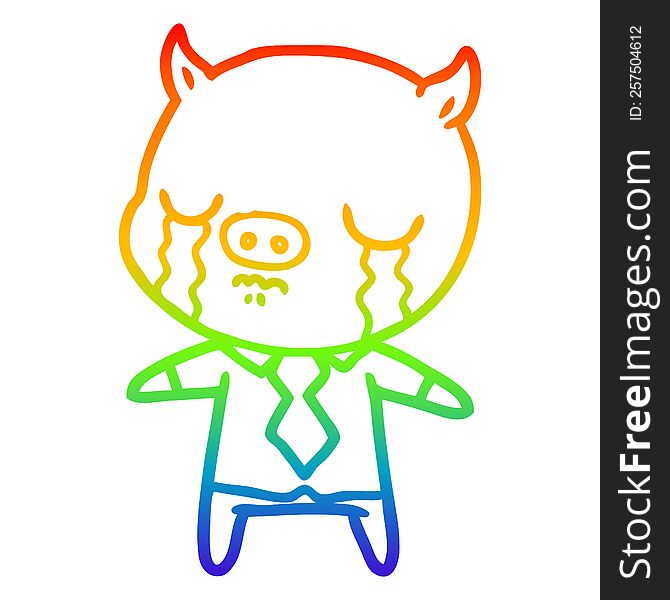 rainbow gradient line drawing of a cartoon pig crying wearing shirt and tie