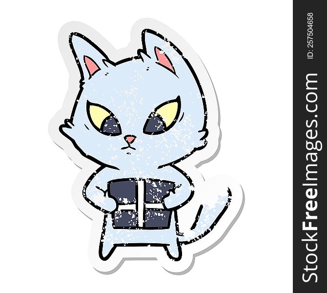 Distressed Sticker Of A Confused Cartoon Cat With Gift