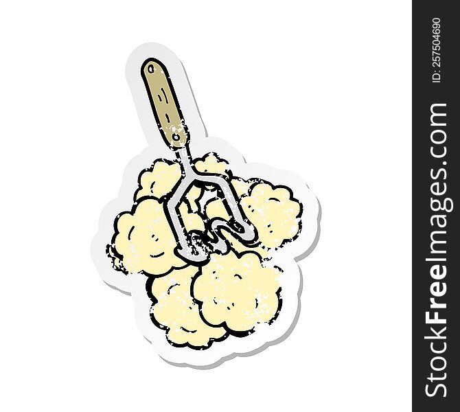 retro distressed sticker of a cartoon potato masher