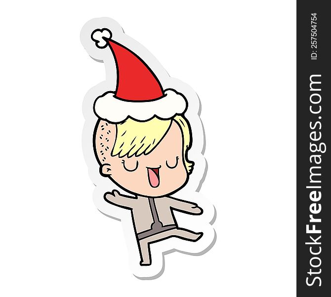 cute hand drawn sticker cartoon of a girl with hipster haircut wearing santa hat