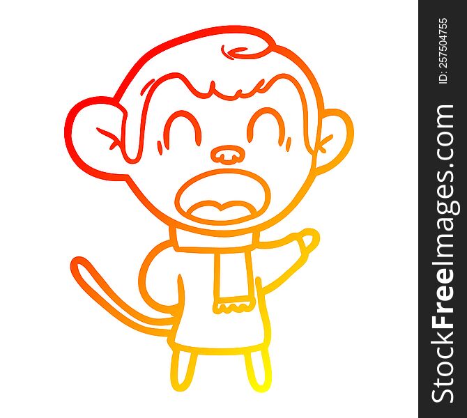 warm gradient line drawing of a shouting cartoon monkey wearing scarf
