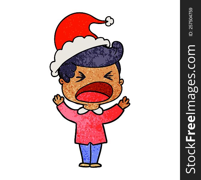 Textured Cartoon Of A Shouting Man Wearing Santa Hat