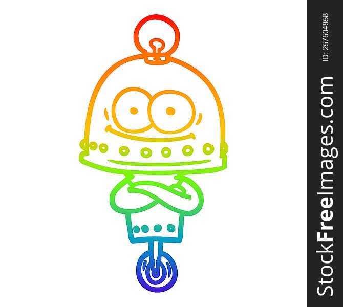 rainbow gradient line drawing of a happy carton robot with light bulb