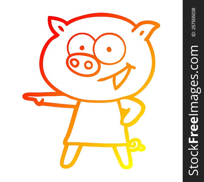 warm gradient line drawing of a cheerful pig in dress pointing cartoon