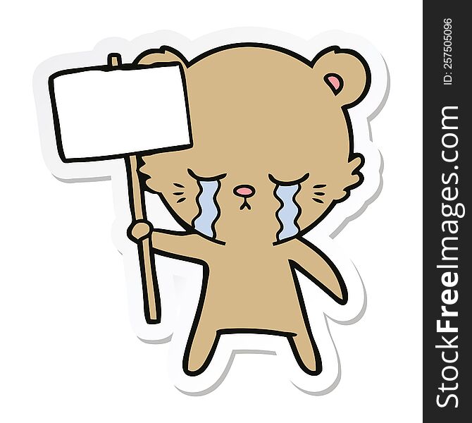 sticker of a crying cartoon bear with sign post