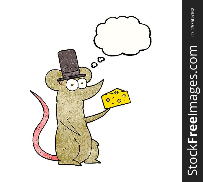 freehand drawn thought bubble textured cartoon mouse with cheese