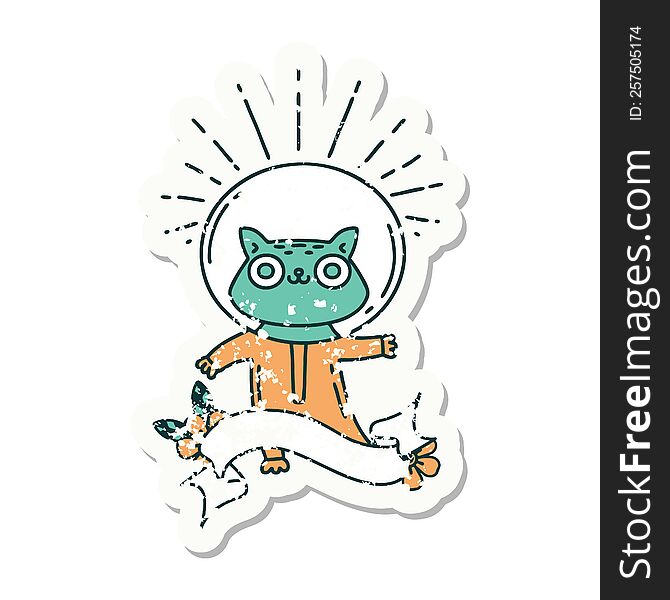 grunge sticker of tattoo style cat in astronaut suit