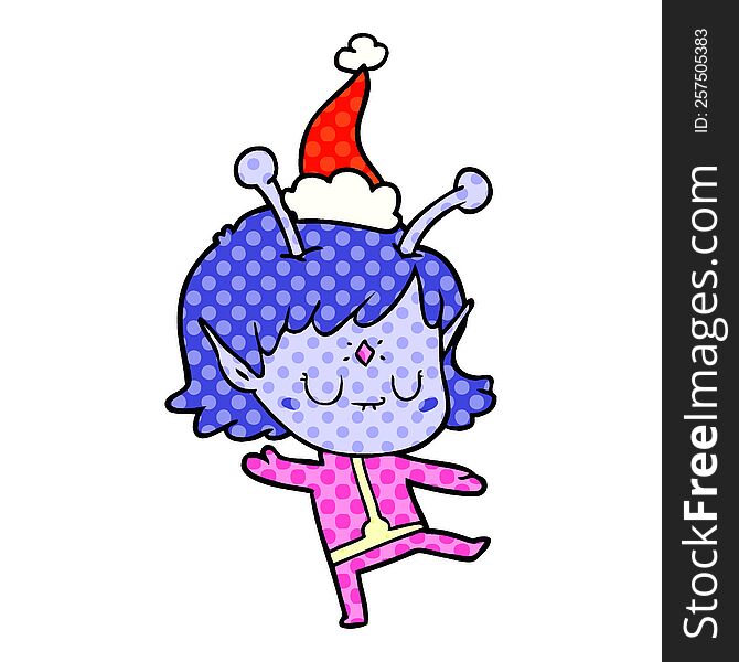 hand drawn comic book style illustration of a alien girl wearing santa hat