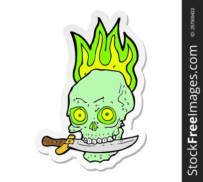 sticker of a cartoon pirate skull with knife in teeth