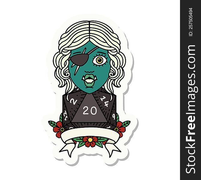 Half Orc Rogue Character With Natural Twenty Dice Roll Sticker