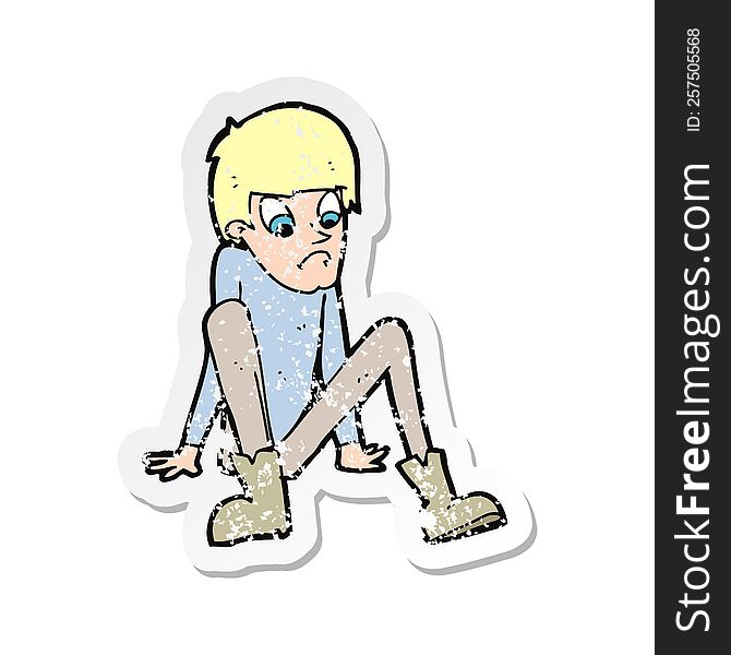 retro distressed sticker of a cartoon boy sitting on floor