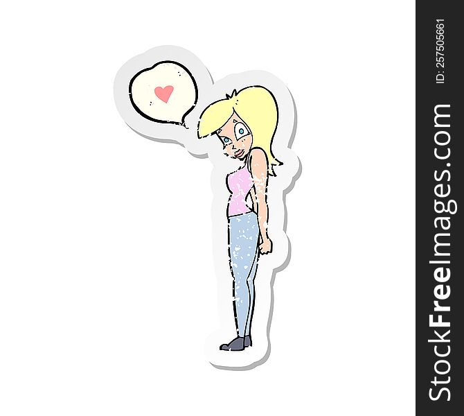 retro distressed sticker of a cartoon woman in love