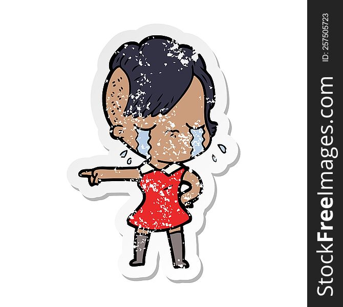 Distressed Sticker Of A Cartoon Crying Girl Pointing