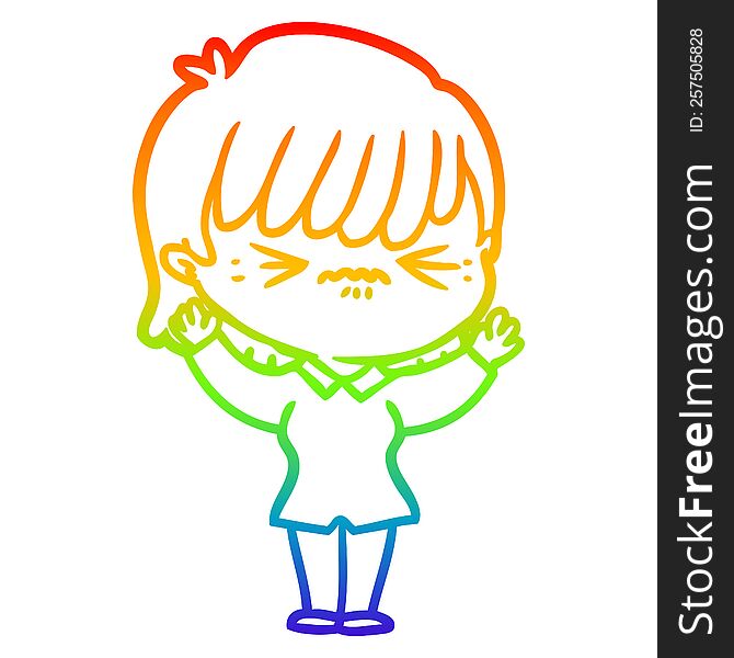 rainbow gradient line drawing of a annoyed cartoon girl